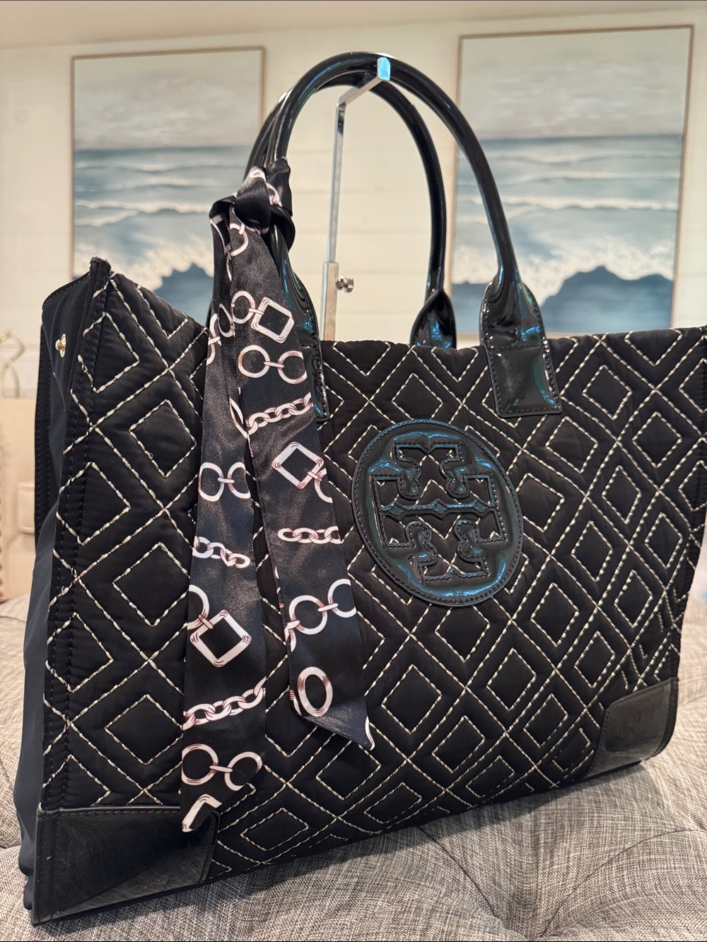 Tory Burch Bag Ella Quilted Black Large Nylon Tote Rare - Picture 3 of 17